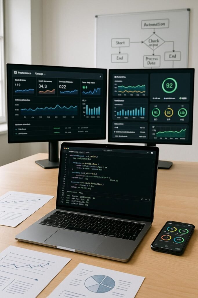 Moderner Entwicklerarbeitsplatz mit Laptop, Notizen, Smartphone und Monitoren mit Performance-Daten im hell erleuchteten Büro.