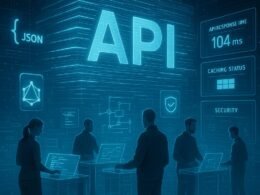 Futuristisches Digitalbüro mit leuchtender API-Architektur, holographischen Datenströmen und Entwicklern an transparenten Konsolen