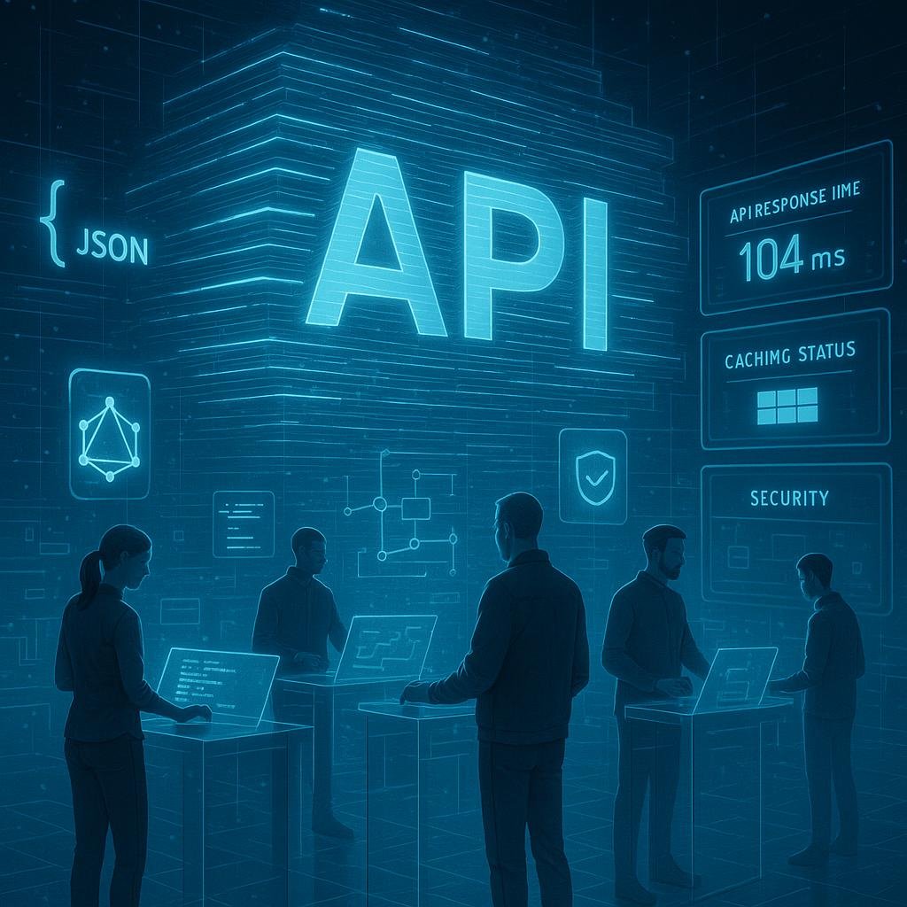 Futuristisches Digitalbüro mit leuchtender API-Architektur, holographischen Datenströmen und Entwicklern an transparenten Konsolen