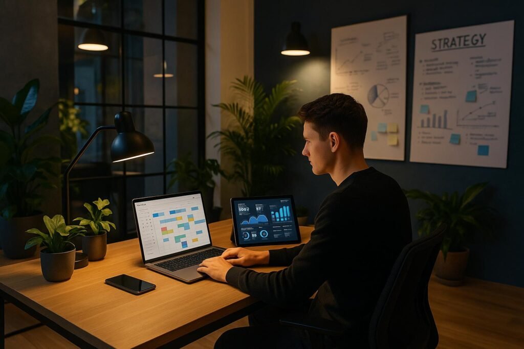 Modernes, stilvolles Büro mit offenem Design, Schreibtisch, Laptop, Smartphone, Tablet und Pflanzen, Fokus auf digitale Marketing-Strategie