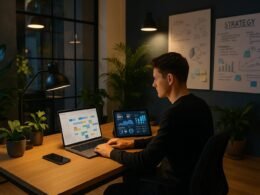 Modernes, stilvolles Büro mit offenem Design, Schreibtisch, Laptop, Smartphone, Tablet und Pflanzen, Fokus auf digitale Marketing-Strategie