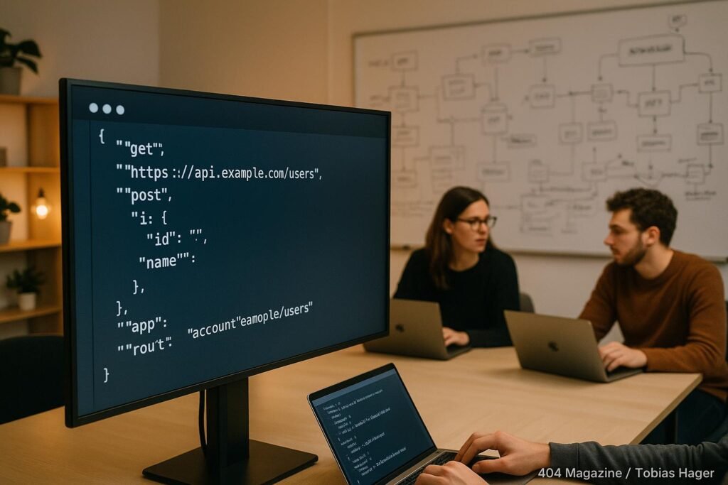 Modernes Büro mit großem Bildschirm displaying API-JSON-Daten, im Hintergrund sitzen Entwickler und SEO-Experten bei der Datenanalyse, minimalistische Atmosphäre mit Whiteboards und warmem Licht.