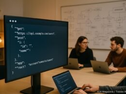 Modernes Büro mit großem Bildschirm displaying API-JSON-Daten, im Hintergrund sitzen Entwickler und SEO-Experten bei der Datenanalyse, minimalistische Atmosphäre mit Whiteboards und warmem Licht.