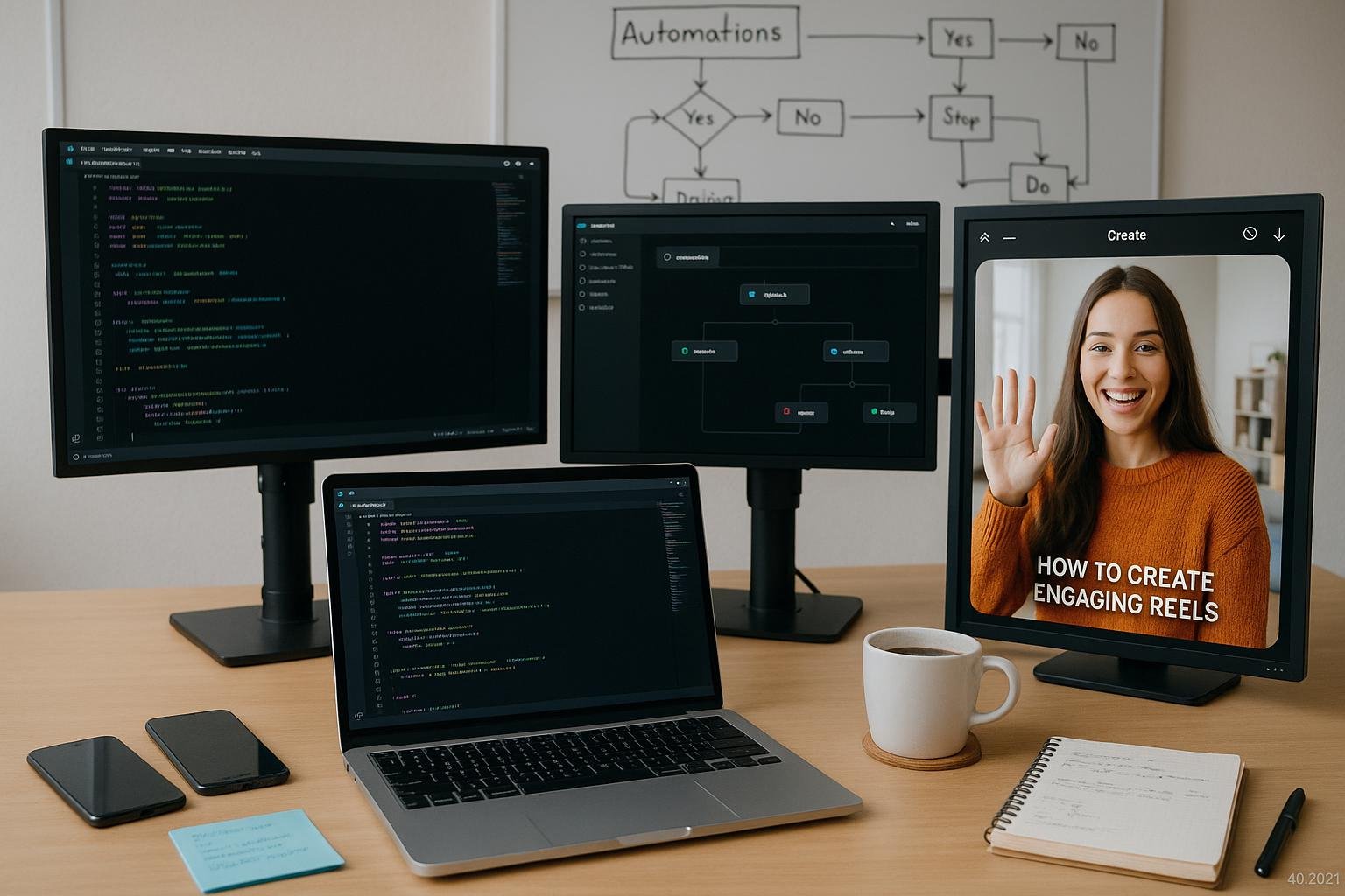 Moderner Arbeitsplatz mit mehreren Bildschirmen, Code, Whiteboard und Smartphones, symbolisiert Innovation und Technikaffinität.