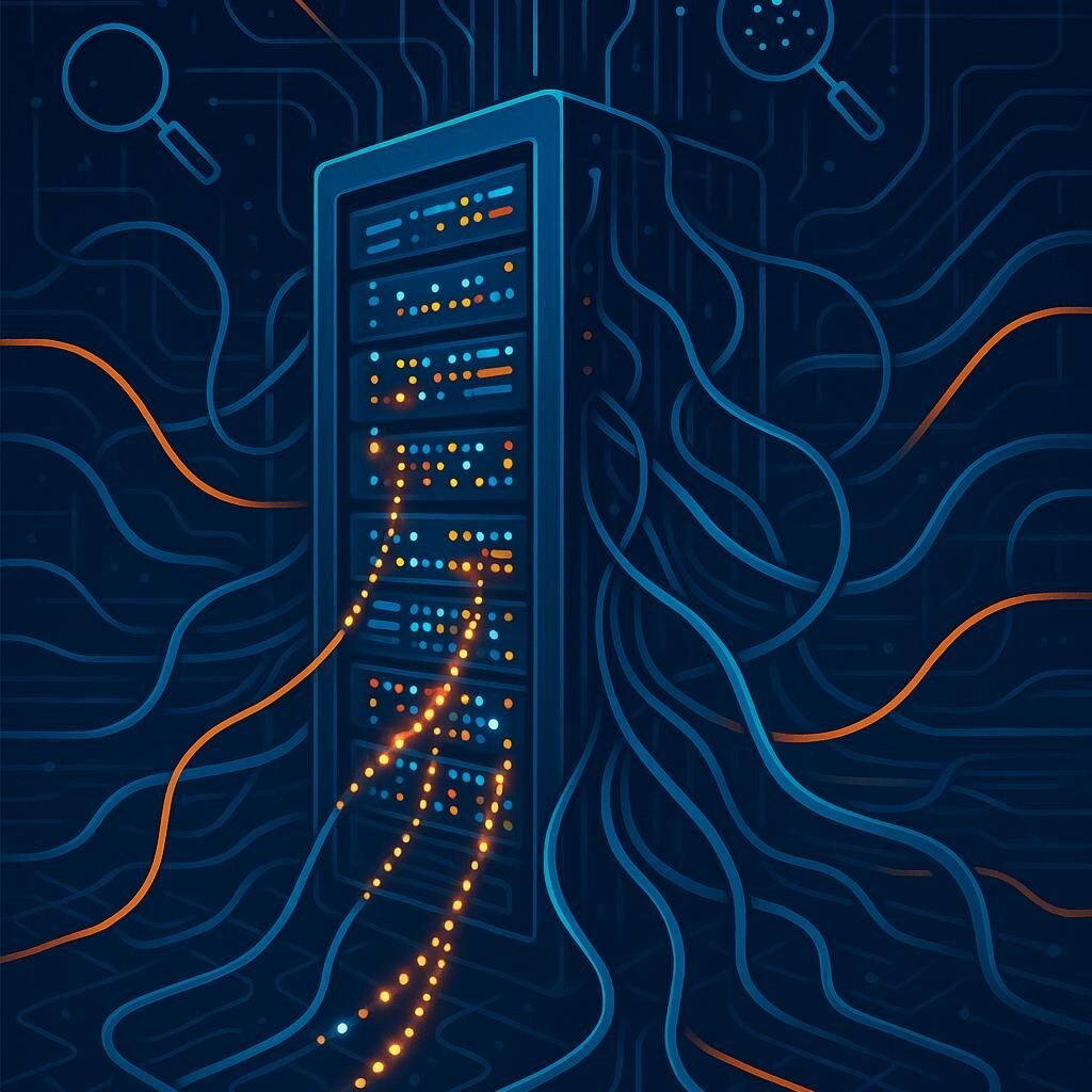 Futuristisches Serverrack mit blinkenden Lichtern, umgeben von digitalen Netzwerkkabeln und Datenströmen, mit Suchmaschinensymbolen im Hintergrund