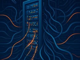 Futuristisches Serverrack mit blinkenden Lichtern, umgeben von digitalen Netzwerkkabeln und Datenströmen, mit Suchmaschinensymbolen im Hintergrund