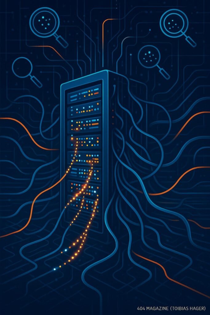 Futuristisches Serverrack mit blinkenden Lichtern, umgeben von digitalen Netzwerkkabeln und Datenströmen, mit Suchmaschinensymbolen im Hintergrund