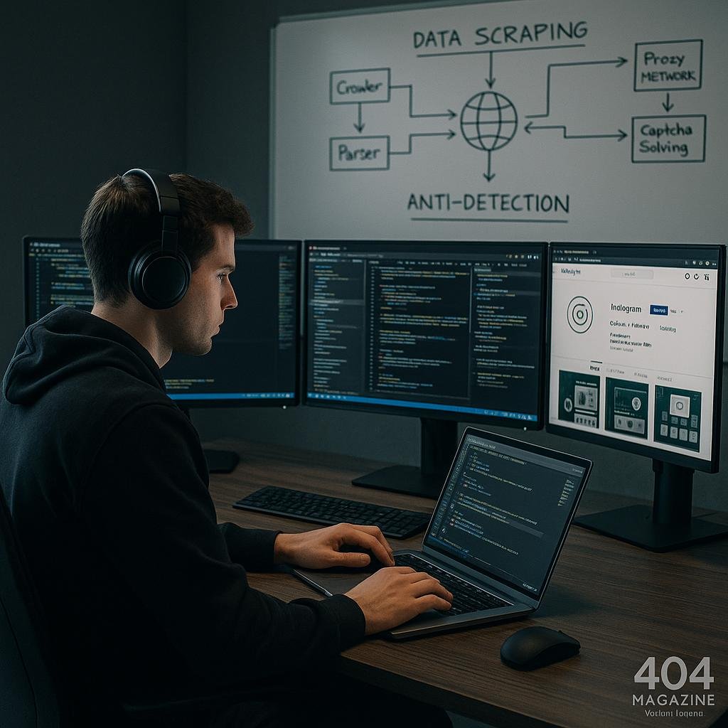 Techniker in einem modernen Arbeitsraum mit mehreren Monitoren, die Code und Webinhalte anzeigen, während er an einem Laptop arbeitet, um Daten zu extrahieren und Anti-Detection-Strategien zu planen.