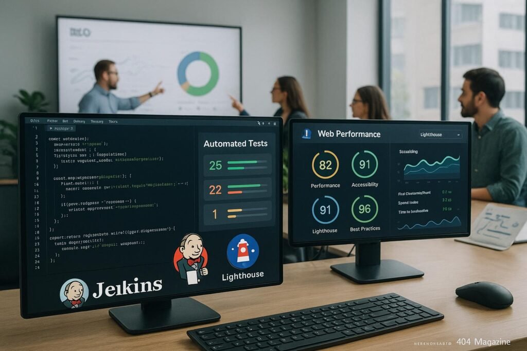 Moderne Webentwicklungs-Arbeitsplatz mit Bildschirmen, Test- und Performance-Dashboards sowie Teamkollegen, die Charts und Websites-Performance- und SEO-Daten diskutieren.