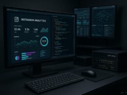 Modernes technikgetriebenes Workstation-Setup mit hochentwickelten Bildschirmen, Dashboards, Netzwerkhardware und minimalistischer Büroatmosphäre
