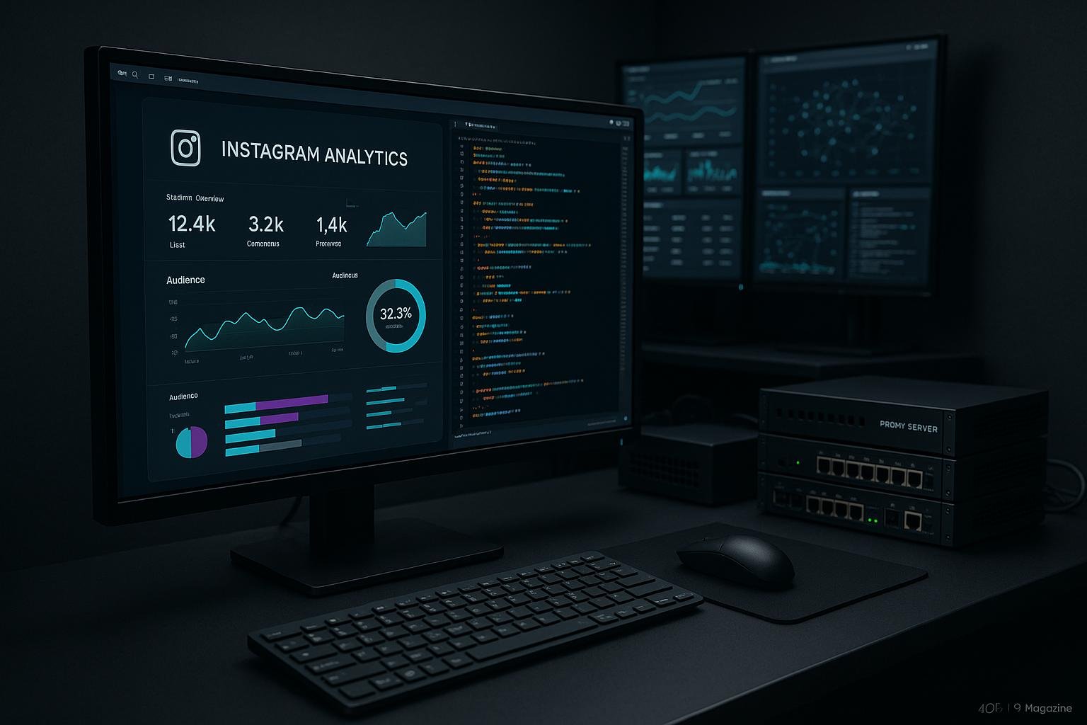 Modernes technikgetriebenes Workstation-Setup mit hochentwickelten Bildschirmen, Dashboards, Netzwerkhardware und minimalistischer Büroatmosphäre
