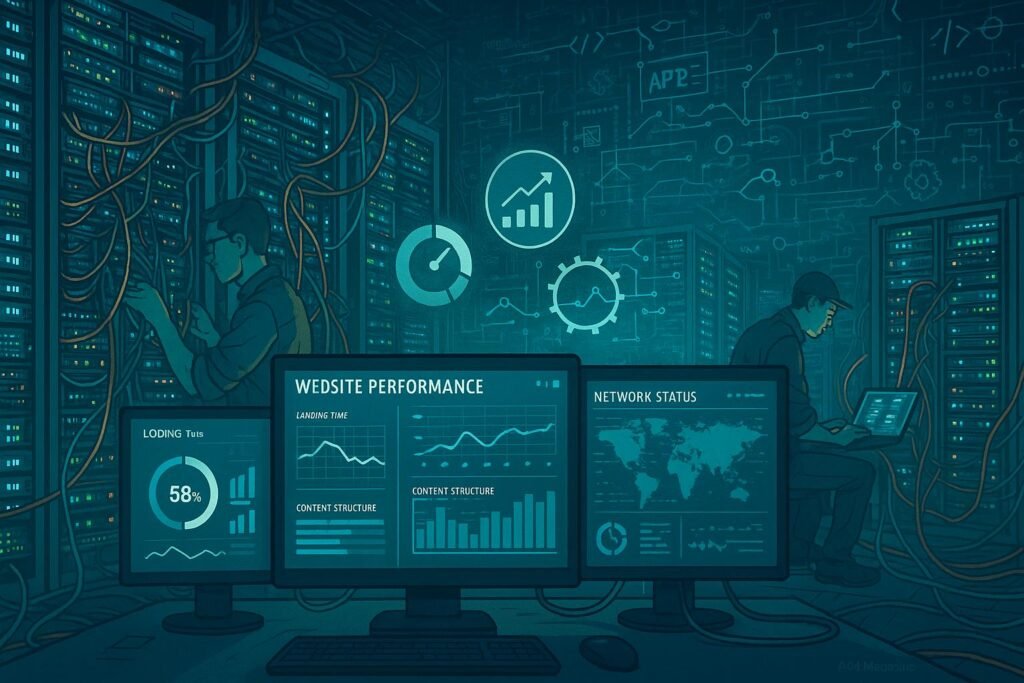 Hochmoderner Website-Backend-Serverraum mit leuchtenden Serverracks, Kabel, Monitoring-Displays und technischer Analyse, Credit: 404 Magazine (Tobias Hager)