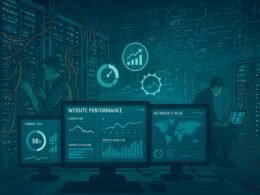 Hochmoderner Website-Backend-Serverraum mit leuchtenden Serverracks, Kabel, Monitoring-Displays und technischer Analyse, Credit: 404 Magazine (Tobias Hager)