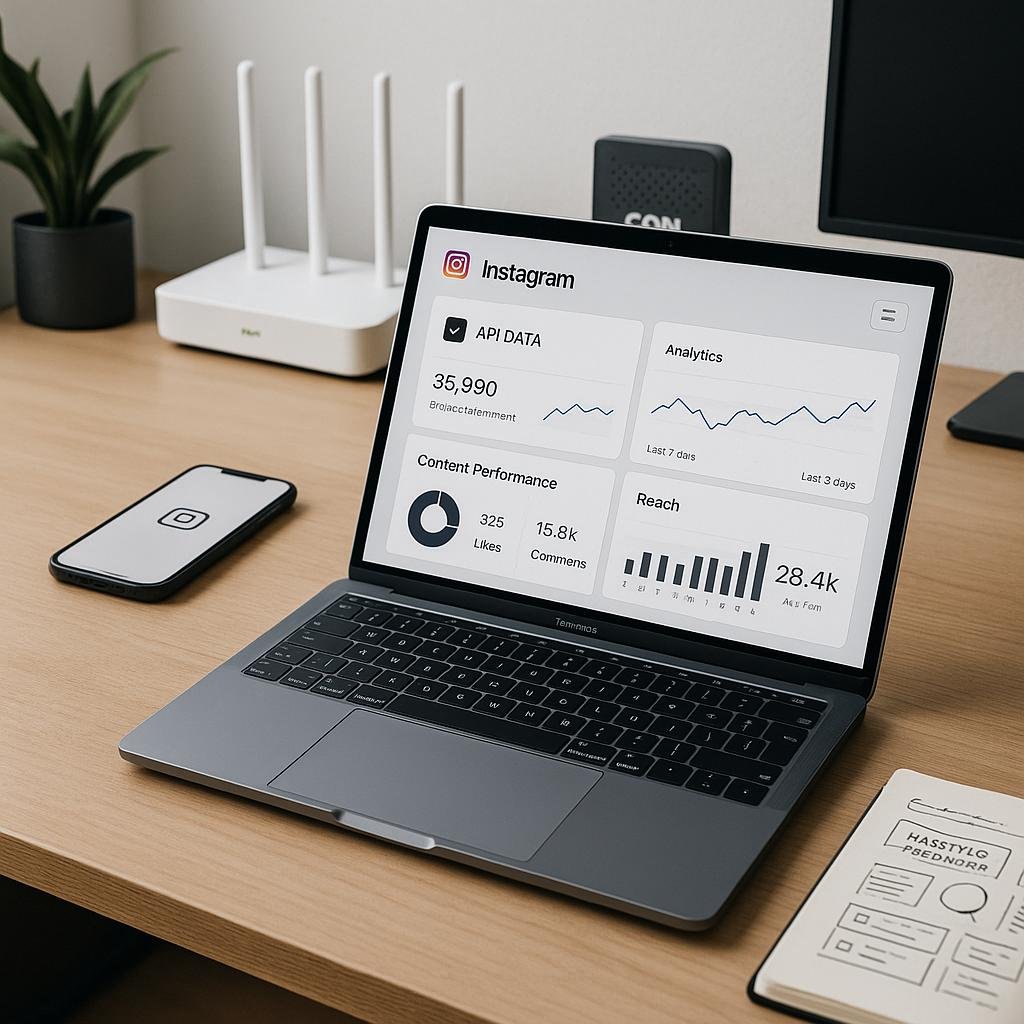 Modernes Instagram-Business-Setup mit Laptop, Smartphone, Notizbuch und technischer Ausrüstung im stilvollen Arbeitsumfeld