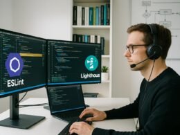 Entwickler in hellem, minimalistischen Büro mit mehreren Monitoren, Codes, Automatisierungs-Tools, Bücher und Whiteboard, Credit: 404 Magazine (Tobias Hager)