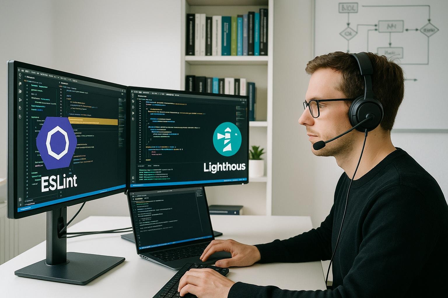 Entwickler in hellem, minimalistischen Büro mit mehreren Monitoren, Codes, Automatisierungs-Tools, Bücher und Whiteboard, Credit: 404 Magazine (Tobias Hager)