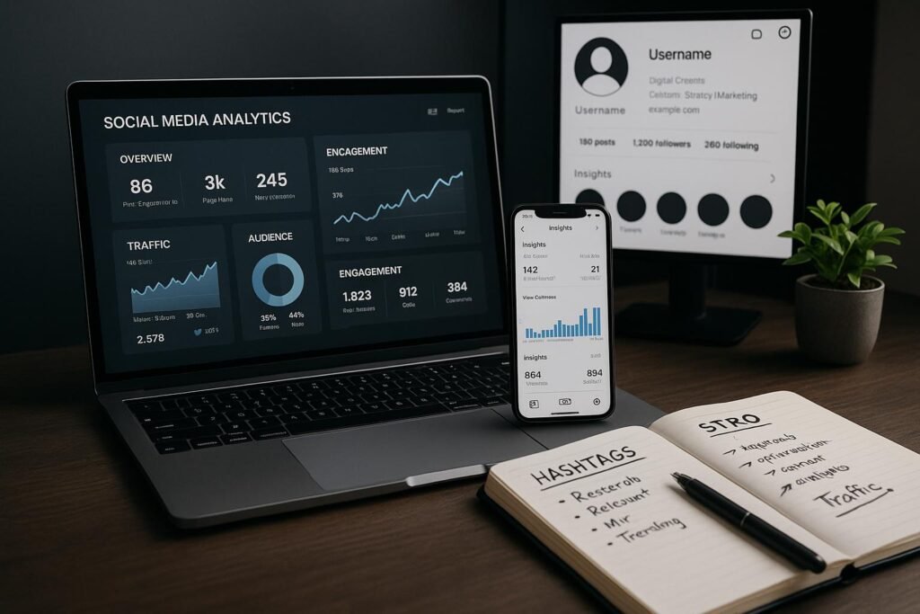 Moderner Arbeitsplatz mit Laptop, Smartphone, Notizbuch und Pflanzen, der Social Media Analysen und Profile zeigt, mit einem Hintergrundmonitor, der ein optimiertes Instagram-Profil darstellt.