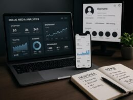 Moderner Arbeitsplatz mit Laptop, Smartphone, Notizbuch und Pflanzen, der Social Media Analysen und Profile zeigt, mit einem Hintergrundmonitor, der ein optimiertes Instagram-Profil darstellt.