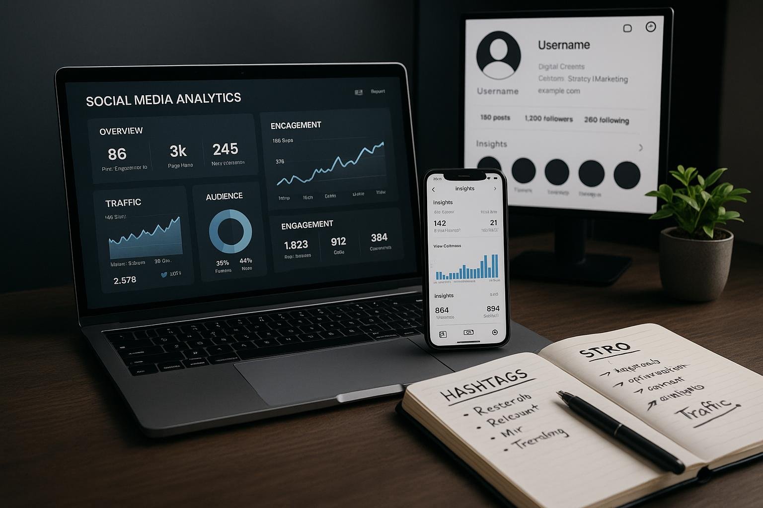 Moderner Arbeitsplatz mit Laptop, Smartphone, Notizbuch und Pflanzen, der Social Media Analysen und Profile zeigt, mit einem Hintergrundmonitor, der ein optimiertes Instagram-Profil darstellt.