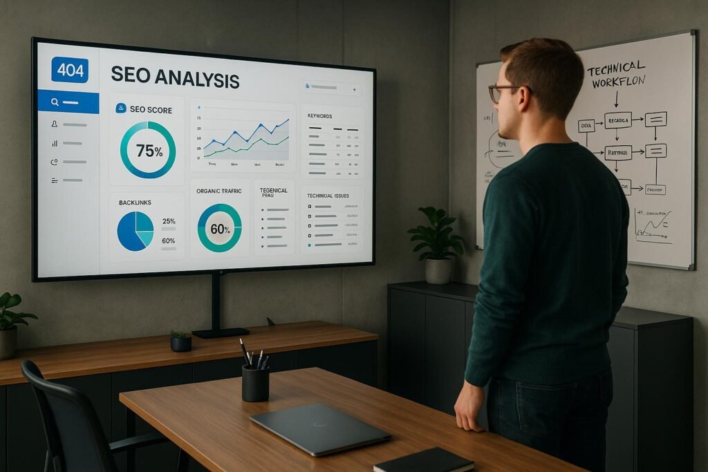 Analyst in modernem Büro vor großem Bildschirm mit SEO-Analyse, Whiteboards im Hintergrund