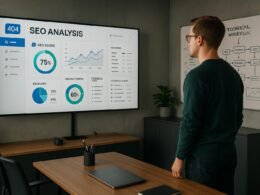 Analyst in modernem Büro vor großem Bildschirm mit SEO-Analyse, Whiteboards im Hintergrund