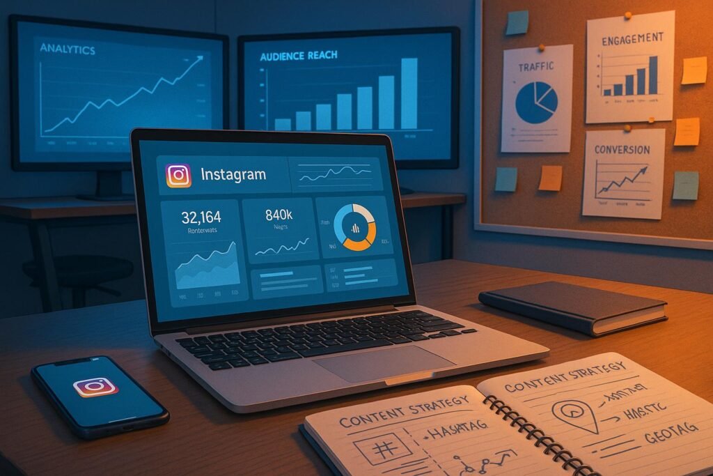 Stilvoller Arbeitsplatz mit Laptop, Smartphone, Notizbuch und mehreren Monitoren, die Analytics und Content-Strategien für Instagram zeigen, im blauen und orangenen Farbschema.