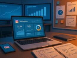 Stilvoller Arbeitsplatz mit Laptop, Smartphone, Notizbuch und mehreren Monitoren, die Analytics und Content-Strategien für Instagram zeigen, im blauen und orangenen Farbschema.