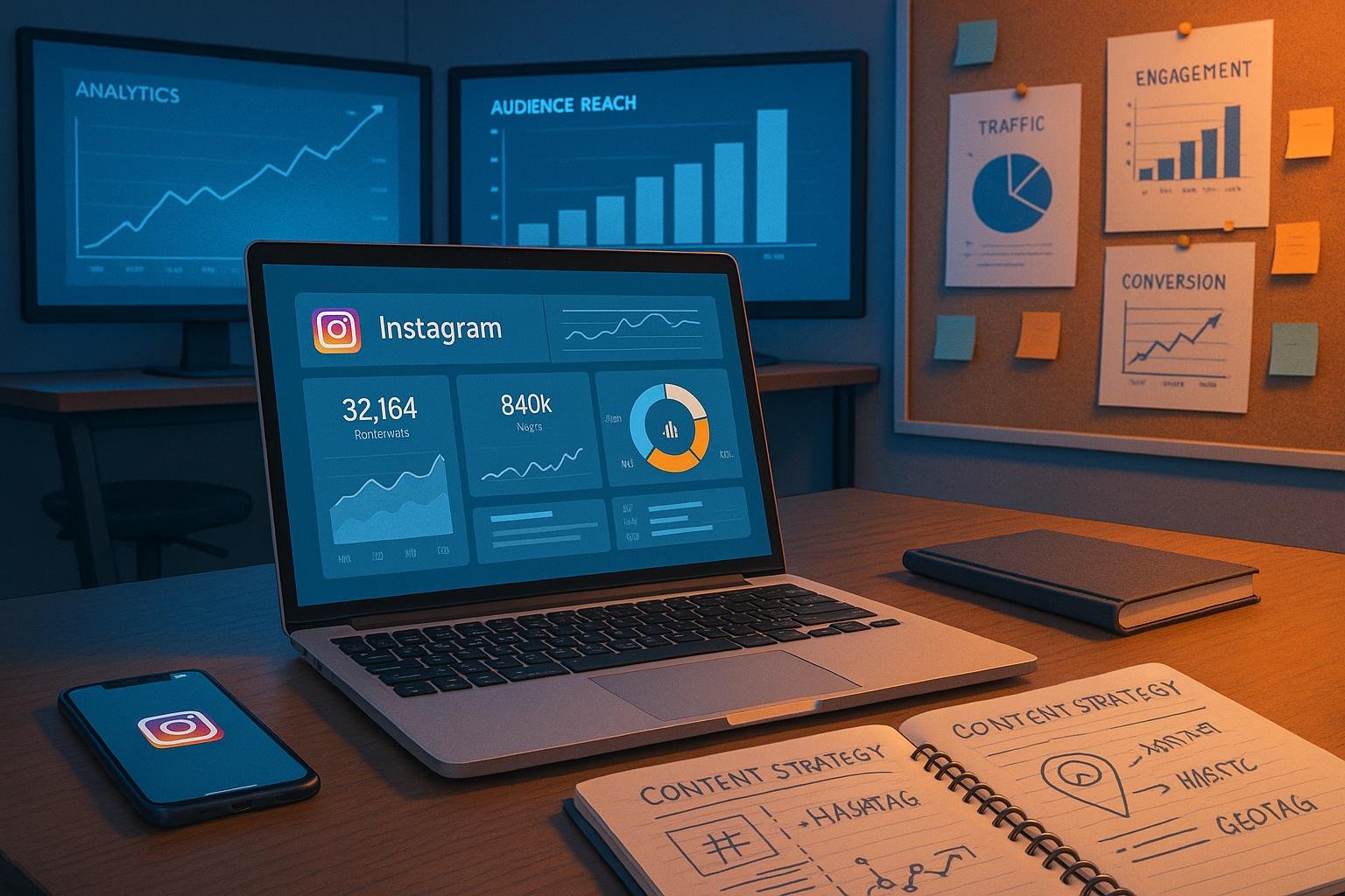 Stilvoller Arbeitsplatz mit Laptop, Smartphone, Notizbuch und mehreren Monitoren, die Analytics und Content-Strategien für Instagram zeigen, im blauen und orangenen Farbschema.