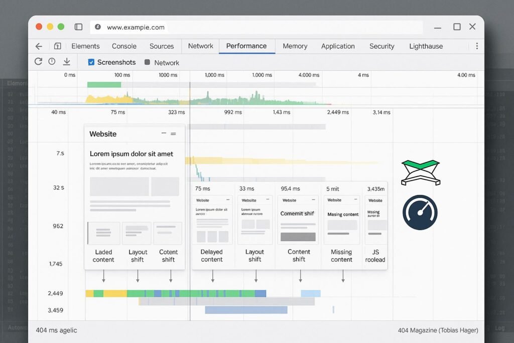 Detailliertes Bild einer modernen Webseite im Chrome DevTools Performance-Tab mit Wasserfall-Chart, Screenshots und Analyse-Tools, erstellt für Render-Audits.