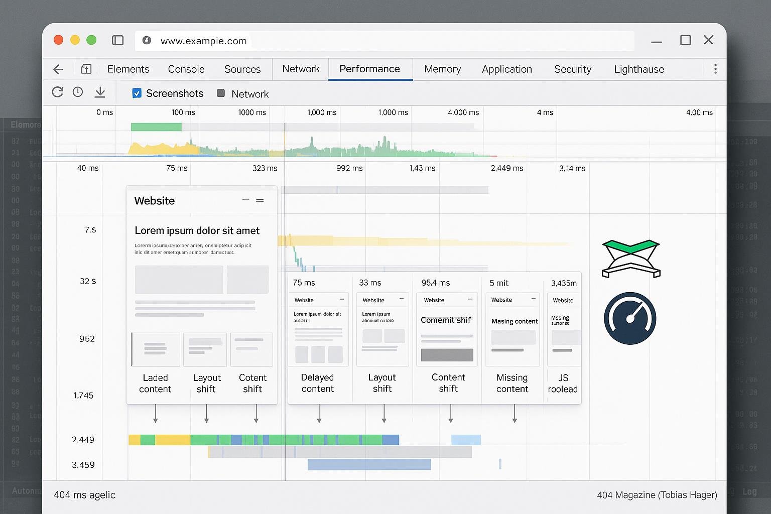 Detailliertes Bild einer modernen Webseite im Chrome DevTools Performance-Tab mit Wasserfall-Chart, Screenshots und Analyse-Tools, erstellt für Render-Audits.