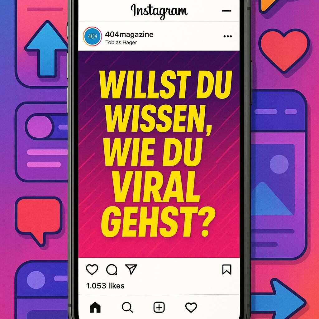 Smartphone mit einem auffälligen Instagram-Post, bunte Pfeile, Symbole für Likes, Kommentare und Shares, dynamische Animationen und stylisches UI-Design in einem energievollen, innovativen Layout. Credit: 404 Magazine (Tobias Hager).