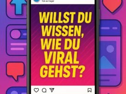 Smartphone mit einem auffälligen Instagram-Post, bunte Pfeile, Symbole für Likes, Kommentare und Shares, dynamische Animationen und stylisches UI-Design in einem energievollen, innovativen Layout. Credit: 404 Magazine (Tobias Hager).
