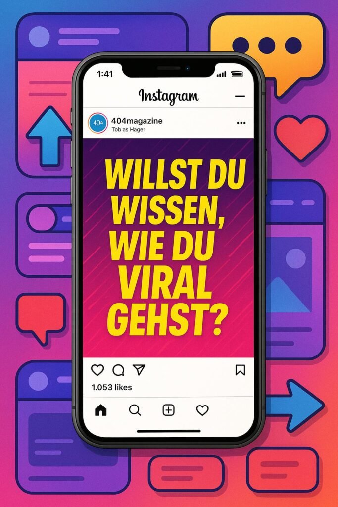 Smartphone mit einem auffälligen Instagram-Post, bunte Pfeile, Symbole für Likes, Kommentare und Shares, dynamische Animationen und stylisches UI-Design in einem energievollen, innovativen Layout. Credit: 404 Magazine (Tobias Hager).