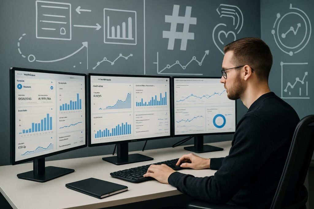 Professioneller Social Media Stratege an einem sauberen Schreibtisch mit mehreren Bildschirmen, die Instagram-Analysen und Leistungsmetriken anzeigen, im Hintergrund Infografiken zu Datenfluss und Engagement.