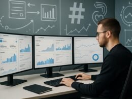 Professioneller Social Media Stratege an einem sauberen Schreibtisch mit mehreren Bildschirmen, die Instagram-Analysen und Leistungsmetriken anzeigen, im Hintergrund Infografiken zu Datenfluss und Engagement.