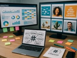 Ein modernes Arbeitsstudio mit mehreren Bildschirmen, Notebook, Smartphone, Notizblock und bunten Post-its für kreative Social-Media-Strategien, im Hintergrund inspirierende Instagram-Posts