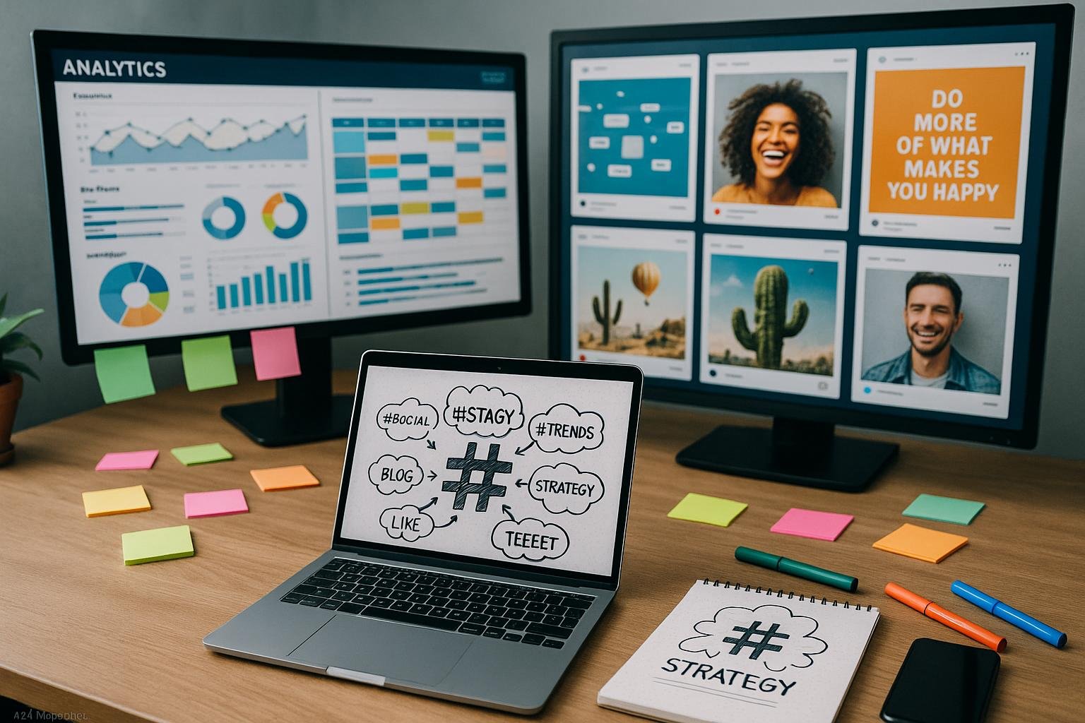 Ein modernes Arbeitsstudio mit mehreren Bildschirmen, Notebook, Smartphone, Notizblock und bunten Post-its für kreative Social-Media-Strategien, im Hintergrund inspirierende Instagram-Posts