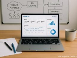 Moderner Büroarbeitsplatz mit Laptop, Whiteboard und Kaffee, Fokus auf LinkedIn-Werbung und Datenanalyse, Credit: 404 Magazine (Tobias Hager)