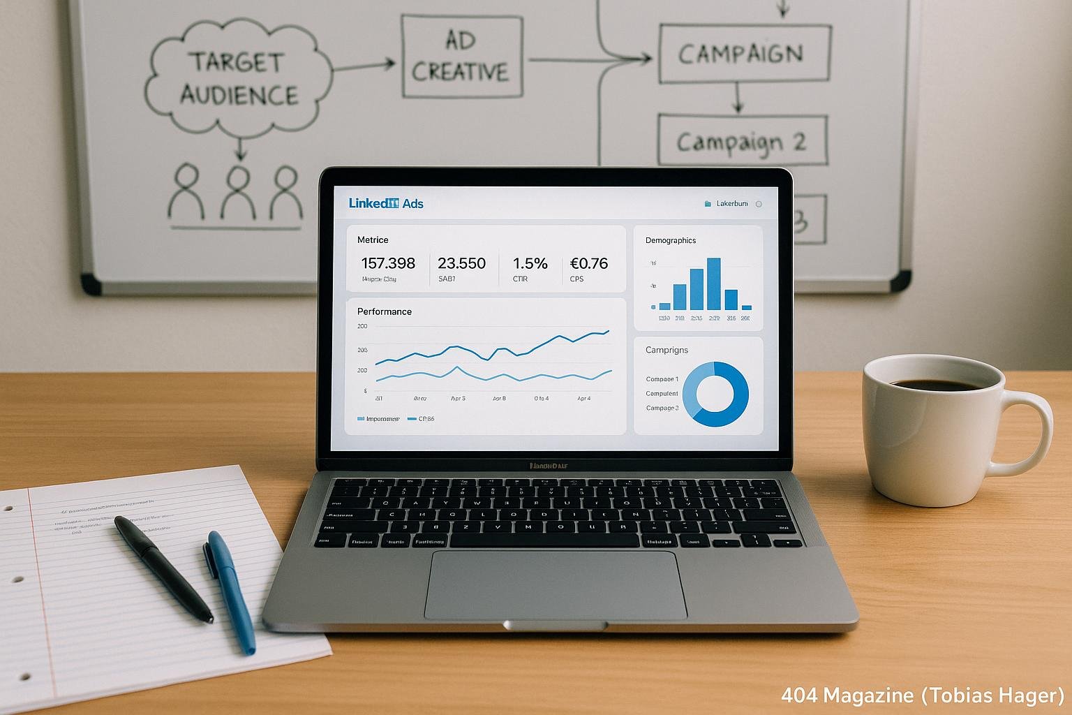Moderner Büroarbeitsplatz mit Laptop, Whiteboard und Kaffee, Fokus auf LinkedIn-Werbung und Datenanalyse, Credit: 404 Magazine (Tobias Hager)