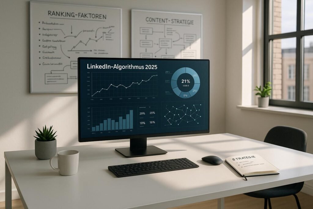 Moderner Büroarbeitsplatz mit großem Bildschirm, Whiteboards und Notizbuch, Tobias Hager