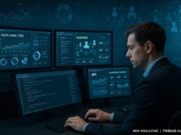 Person in Business-Kleidung arbeitet an mehreren Monitoren mit Datenanalyse-Tools und Code in einem modernen digitalen Arbeitsraum