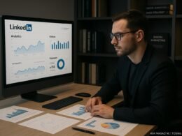 Moderner Arbeitsplatz mit einem Fachmann, der LinkedIn-Analysen auf seinem Monitor betrachtet, umgeben von Charts, Daten und Fachbüchern, beleuchtet durch sanftes Licht.