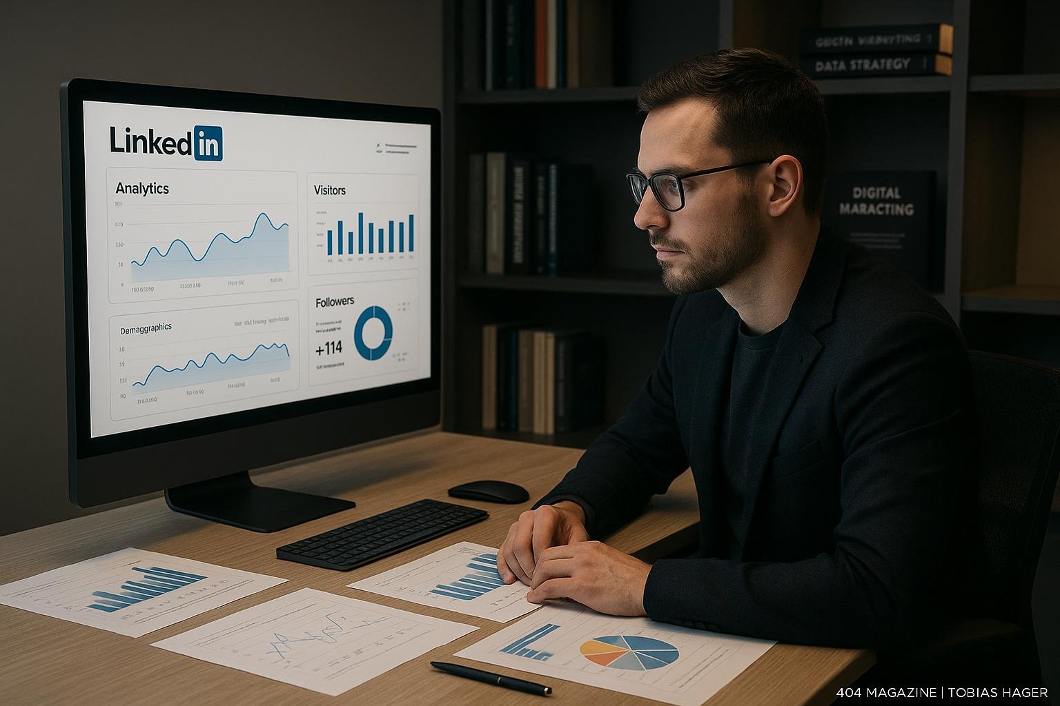 Moderner Arbeitsplatz mit einem Fachmann, der LinkedIn-Analysen auf seinem Monitor betrachtet, umgeben von Charts, Daten und Fachbüchern, beleuchtet durch sanftes Licht.