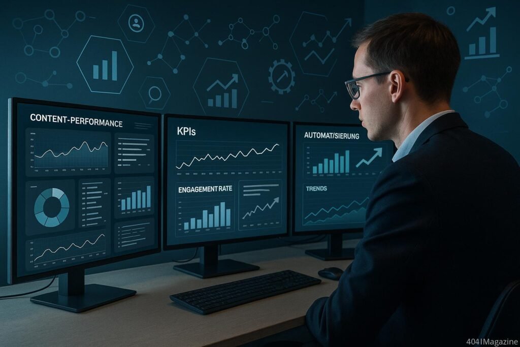 Person in Business-Kleidung vor mehreren Monitoren mit Dashboards, Diagrammen und KPIs, umgeben von digitalen Symbolen für Daten und Wachstum.