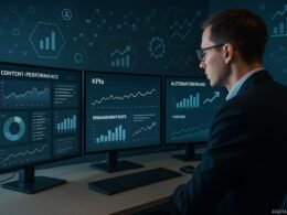 Person in Business-Kleidung vor mehreren Monitoren mit Dashboards, Diagrammen und KPIs, umgeben von digitalen Symbolen für Daten und Wachstum.