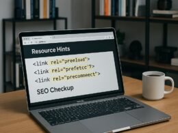 Laptop auf schlichtem Holztisch mit HTML-Code im Bildschirm, Regale im Hintergrund und Kaffeetasse daneben, helles Licht, technisches Büro-Design