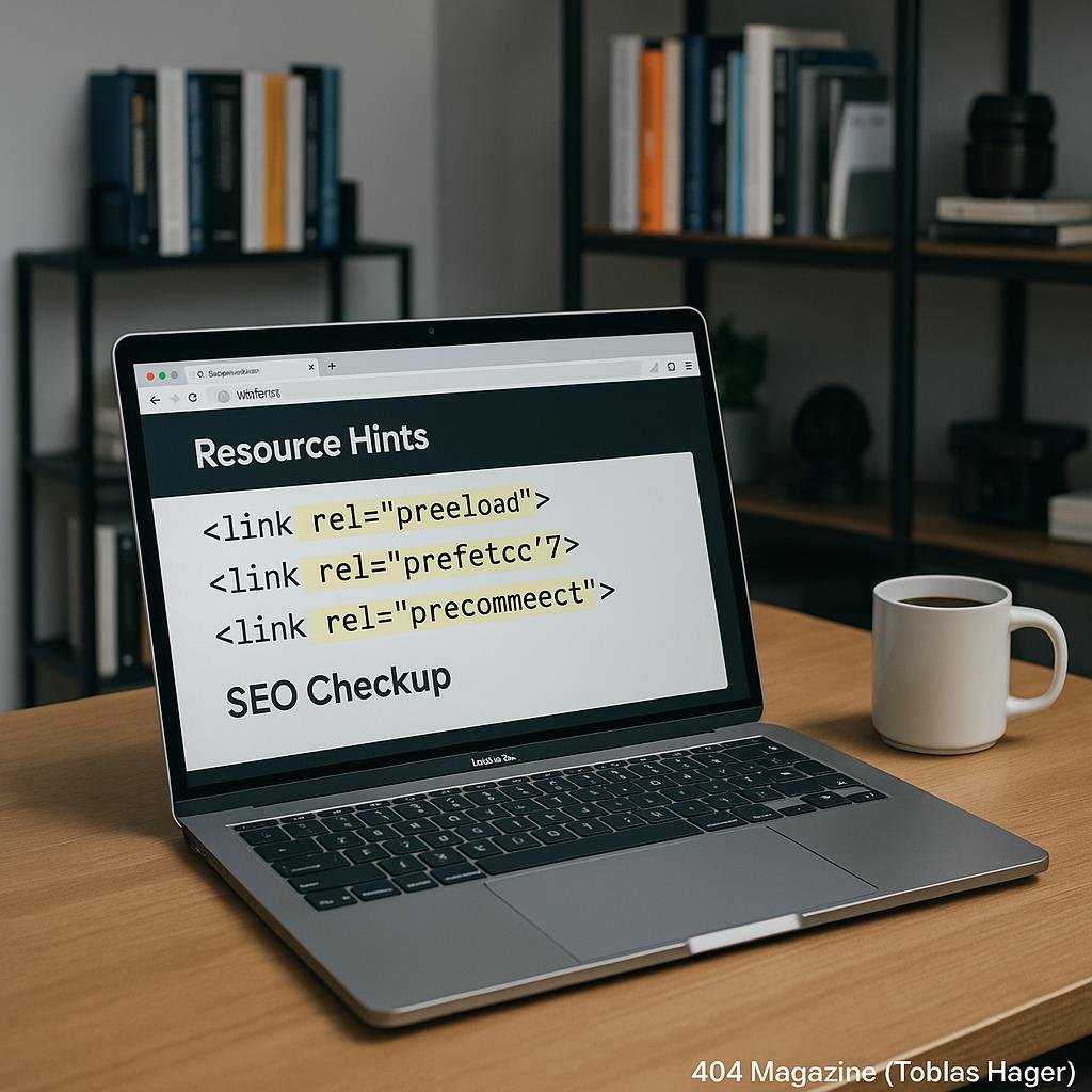 Laptop auf schlichtem Holztisch mit HTML-Code im Bildschirm, Regale im Hintergrund und Kaffeetasse daneben, helles Licht, technisches Büro-Design