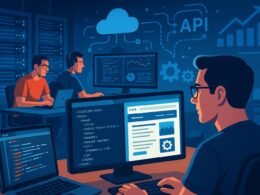 Modernes Webentwicklungsstudio mit Entwicklern, großen Monitoren, Server-Racks, Cloud-Symbolen und API-Grafiken, die Datenströme visualisieren. Entwickler arbeitet an Website-Code.