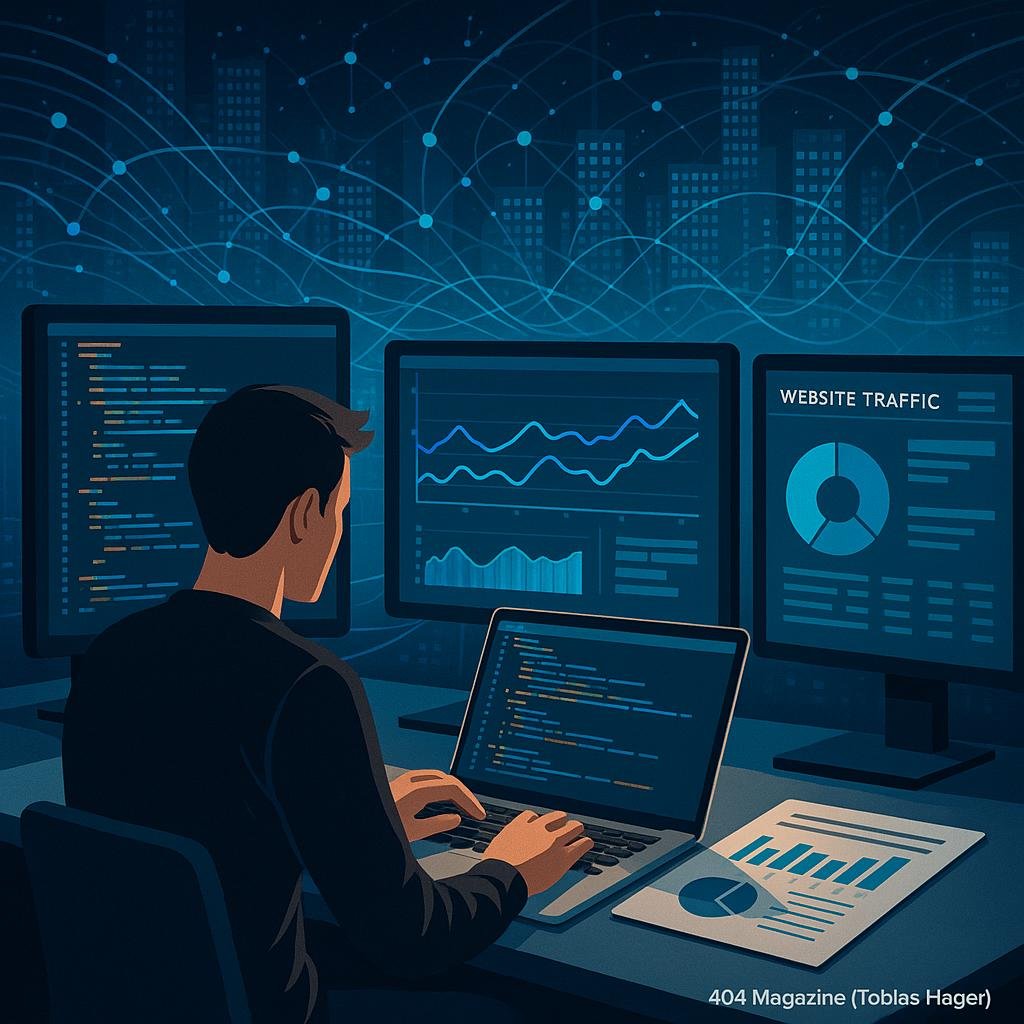 Moderner Arbeitsplatz mit Laptop, Digitalanzeigen und einer futuristischen Stadt im Hintergrund, die Datenfluss und Analyse zeigt, mit Fokus auf Skriptmanagement und Web-SEO.