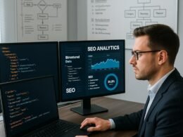 Berufs-Szene in einem modernen Büro mit SEO-Experte vor Bildschirmen, Whiteboards und Diagrammen